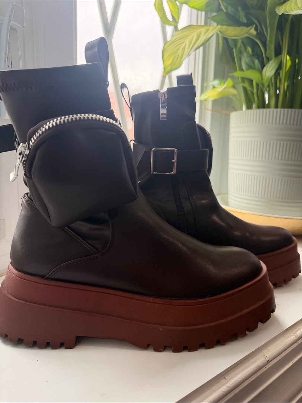 Women’s Black Leather Ankle Boots with Brown Platform Sole
